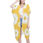 White Daisy Flower Mid-Length Chiffon Cover Up