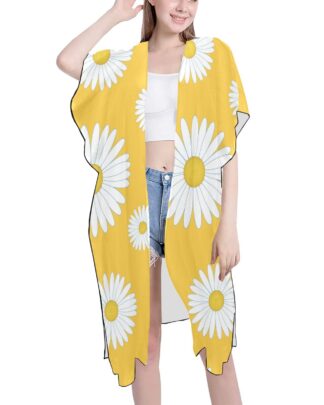 White Daisy Flower Mid-Length Chiffon Cover Up