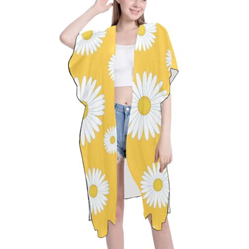 White Daisy Flower Mid-Length Chiffon Cover Up