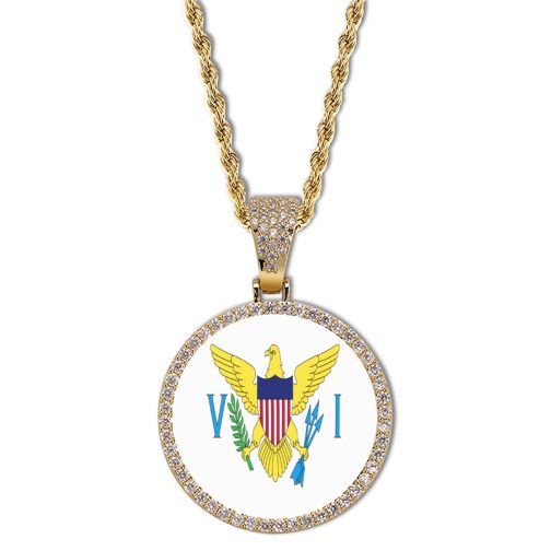 USV Flag Round Gold Photo Pendant with Rope Chain