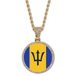 Barbados Flag Round Gold Photo Pendant with Rope Chain