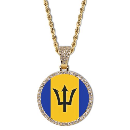 Barbados Flag Round Gold Photo Pendant with Rope Chain