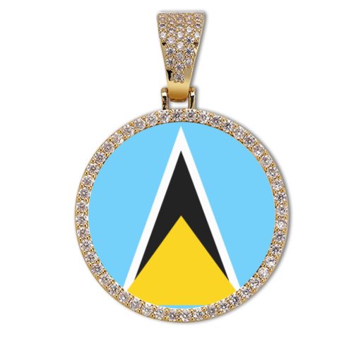 St. Lucia Flag Round Gold Photo Pendant with Rope Chain