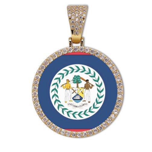 Belize Flag Round Gold Photo Pendant with Rope Chain