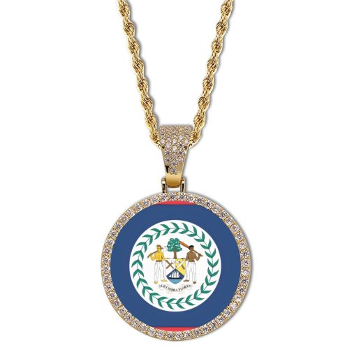 Belize Flag Round Gold Photo Pendant with Rope Chain