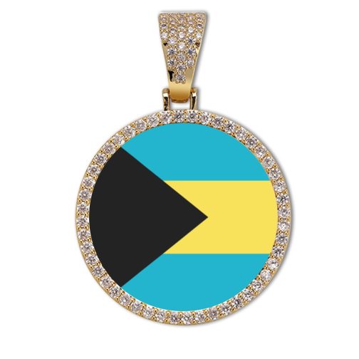 The Bahamas Flag Round Gold Photo Pendant with Rope Chain