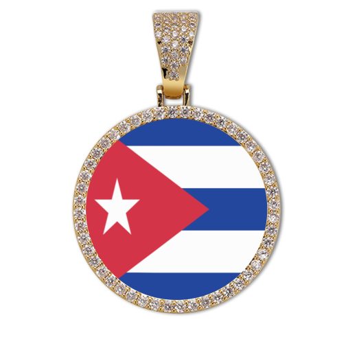 Cuba Flag Round Gold Photo Pendant with Rope Chain