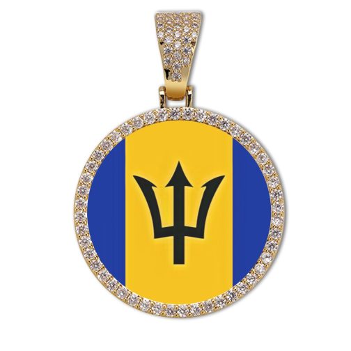 Barbados Flag Round Gold Photo Pendant with Rope Chain