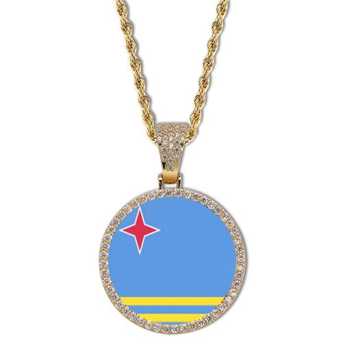 Aruba Flag Round Gold Photo Pendant with Rope Chain