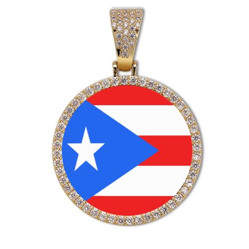 Puerto Rico Flag Round Gold Photo Pendant with Rope Chain