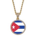 Cuba Flag Round Gold Photo Pendant with Rope Chain