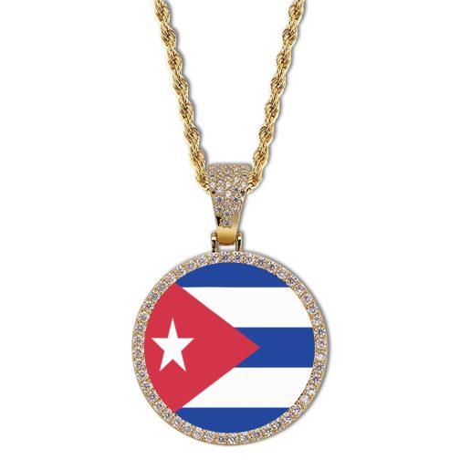 Cuba Flag Round Gold Photo Pendant with Rope Chain