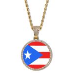 Puerto Rico Flag Round Gold Photo Pendant with Rope Chain