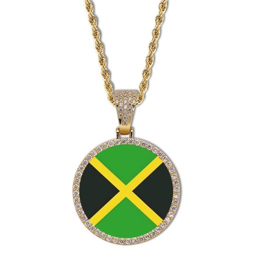 Jamaica Flag Round Gold Photo Pendant with Rope Chain