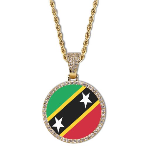 Saint Kitts and Nevis Flag Round Gold Photo Pendant with Rope Chain