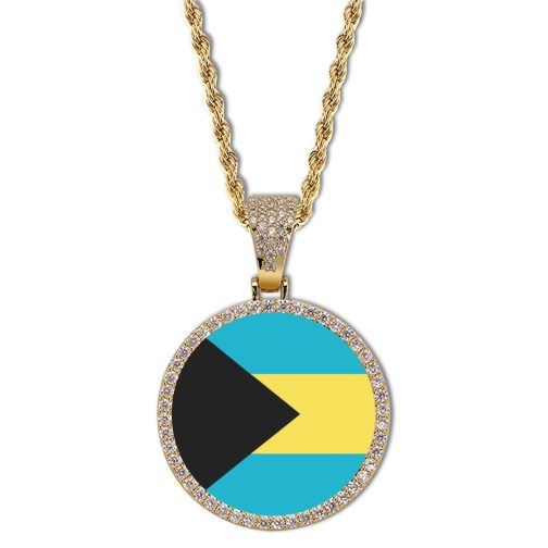 The Bahamas Flag Round Gold Photo Pendant with Rope Chain