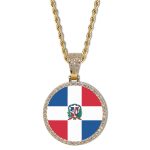 Dominica Republic Flag Round Gold Photo Pendant with Rope Chain