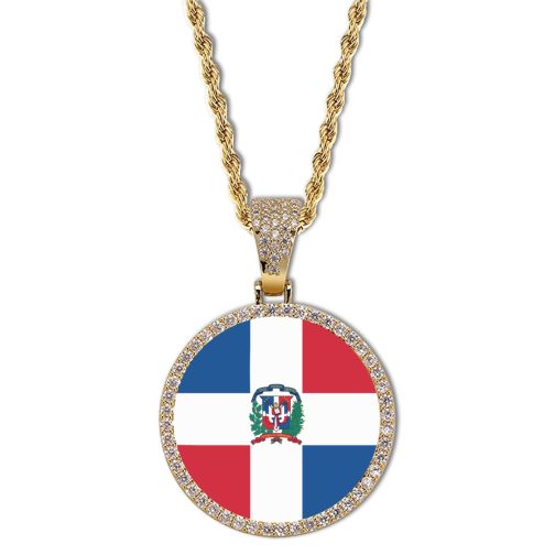 Dominica Republic Flag Round Gold Photo Pendant with Rope Chain