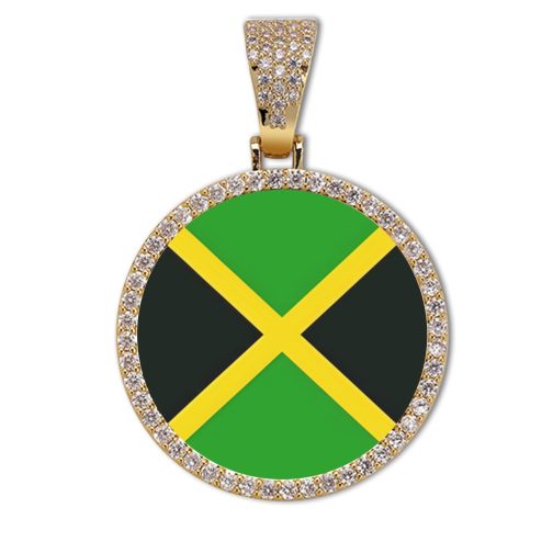 Jamaica Flag Round Gold Photo Pendant with Rope Chain