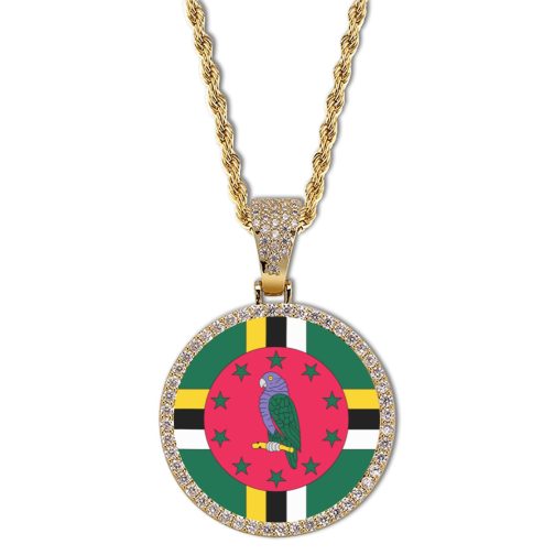 Dominica Flag Round Gold Photo Pendant with Rope Chain