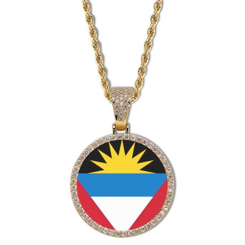 Antigua and Barbuda Flag Round Gold Photo Pendant with Rope Chain