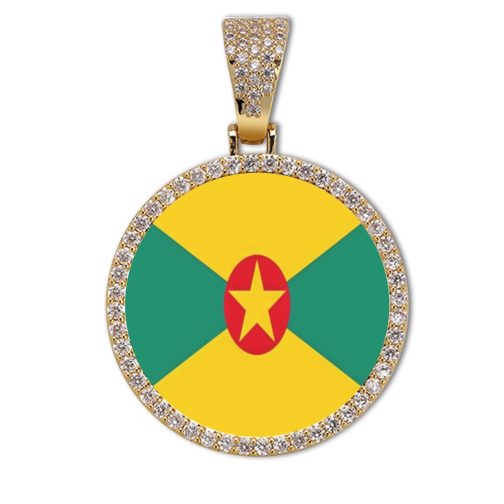 Grenada Flag Round Gold Photo Pendant with Rope Chain