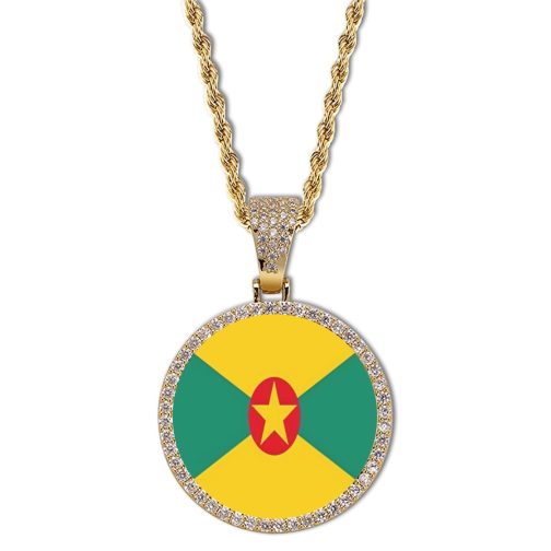 Grenada Flag Round Gold Photo Pendant with Rope Chain