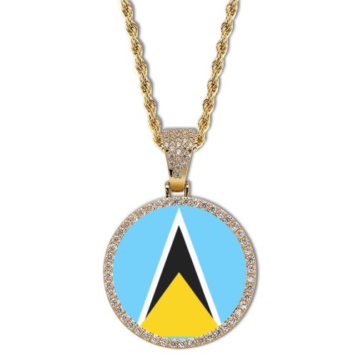 St. Lucia Flag Round Gold Photo Pendant with Rope Chain